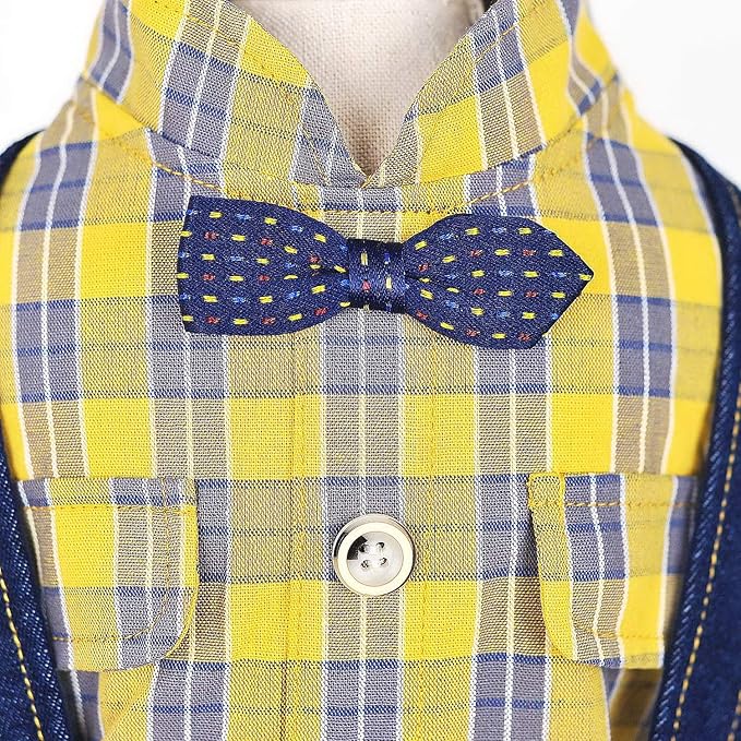 SMALLLEE_LUCKY_STORE Pet Clothes Costume Puppy Denim Overalls for Small Medium Dogs Cats Boys Bowtie Plaid Shirt Jeans Pants Outfits Chihuahua One Piece Jumpsuit,Yellow M
