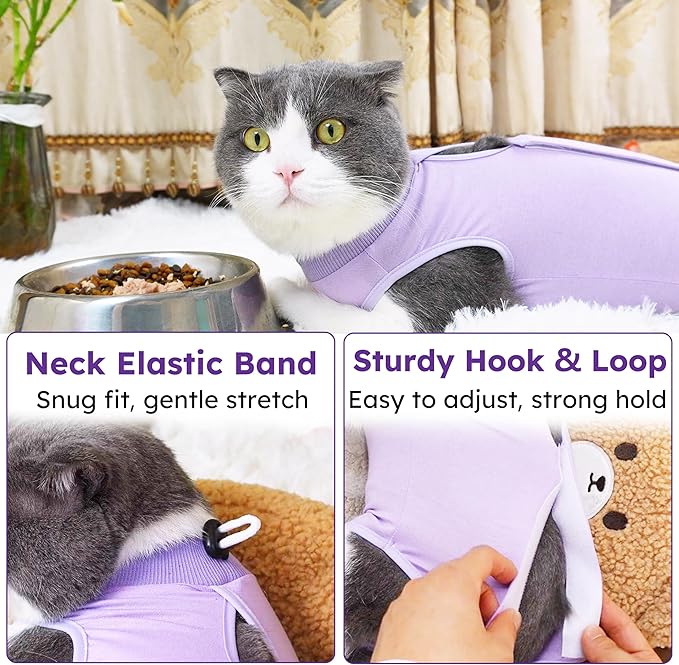 Hpetppy Cat Recovery Suit for Spay Abdominal Wound, Breathable Kitten Onesie for Cats After Surgery, Anti Licking Cat Cone Alternative, Pet Surgery Recovery Shirt-Purple(L)