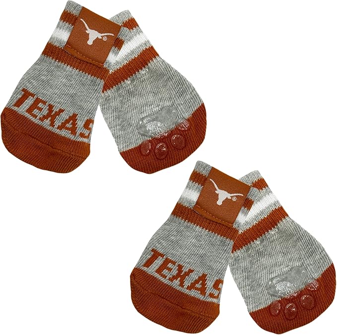 NCAA Texas Longhorns Anti Slip Dog Socks with Elastic Ribbed Top, Size Medium/Large. Indoor/Outdoor Socks, Best Dog Paw Protector, 2 Pairs of Pet Socks with Your Favorite Collegiate Sports Team