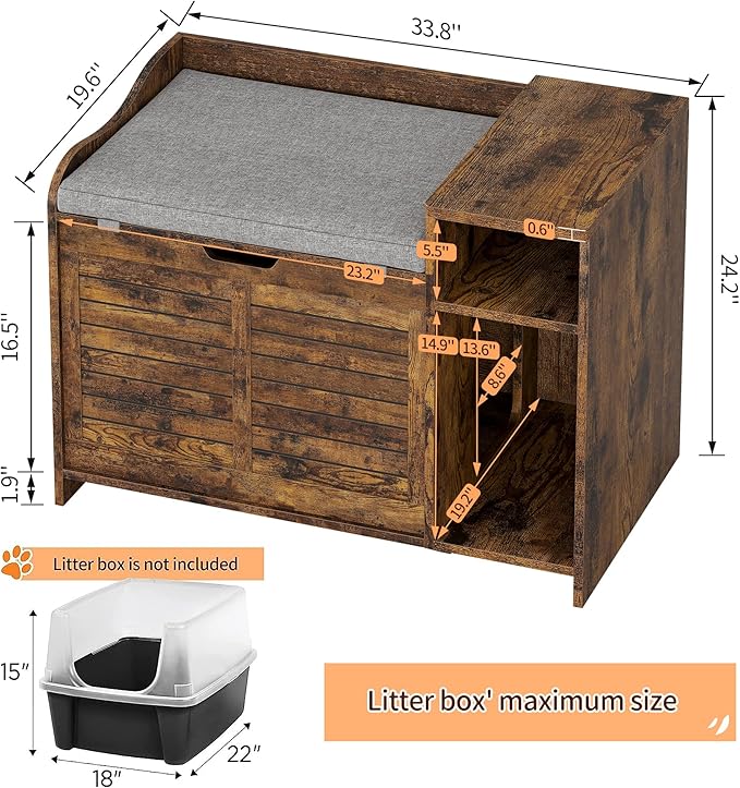 TROPOW Cat Litter Box Enclosure Furniture with Top Opening and Cushion, Hidden Litter Box Cabinet with Storage, Privacy Cat Box Enclosure, Brown
