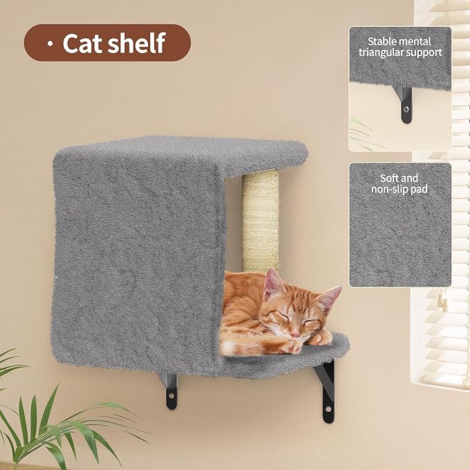 Cat Wall Shelves for Large Cats, Stable & Safe Kitty Walls Furniture Set for 40LBS Cats with Wooden Cat Climber,House, Bridge, Tree, Steps, and Scratcher for 16 Inch Drywall (Grey, 6-in-1)