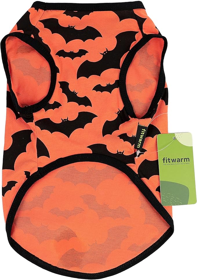 Fitwarm 100% Cotton Halloween Dog Clothes Scary Bat Dog Costumes Doggie Shirts Puppy Shirt Pet Vest Tank Top Cat Tee Orange Small