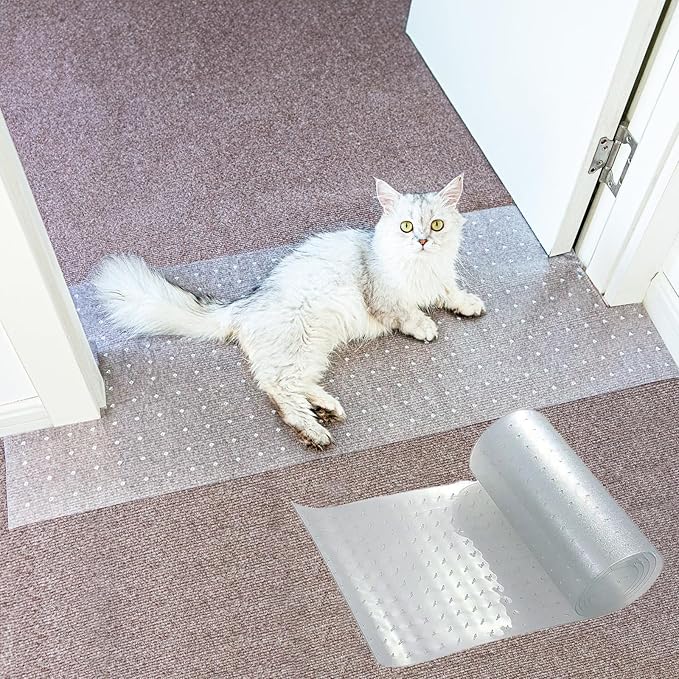 Carpet Protector for Pets Cat Carpet Protector for Doorway, Anti Scratch Under Door Cat Scratch Protector Mat, Easy to Cut Plastic Stopper (Clear, 8.4FT)