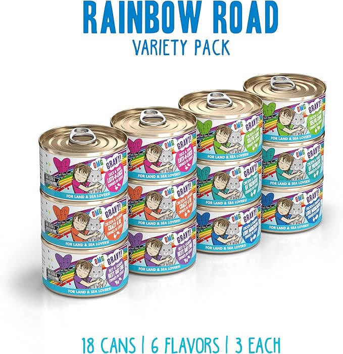 Weruva B.F.F. OMG - Best Feline Friend Oh My Gravy!,Variety Pack,Rainbow Road,Wet Cat Food by,2.8oz Can,(Pack of 24)