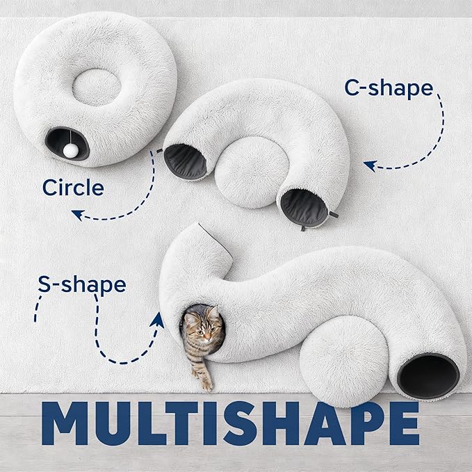 Large Cat Donut Tunnel Bed - Cat Tunnels for Indoor Cats - Circle Hideaway with Cat Toys, 3-in-1 Foldable Playground & Cozy Cave Bed, Gift-Ready DIY Collapsible Plush Cat Tube, Rabbit, Kitty