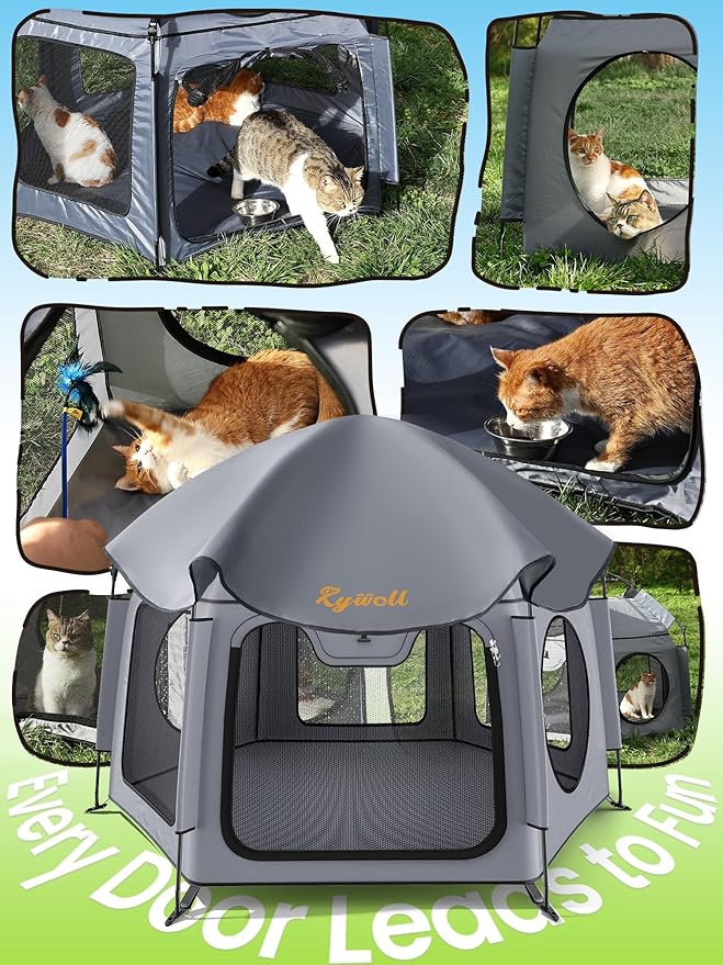 Catio Outdoor Cat Enclosure, Rywell 55” Extra Large Catio Pop Up Indoor Outdoor, Portable Cat Playpen Weatherproof with Removable Sunshade, Easy Setup Pet Enclosure for Cats Dogs