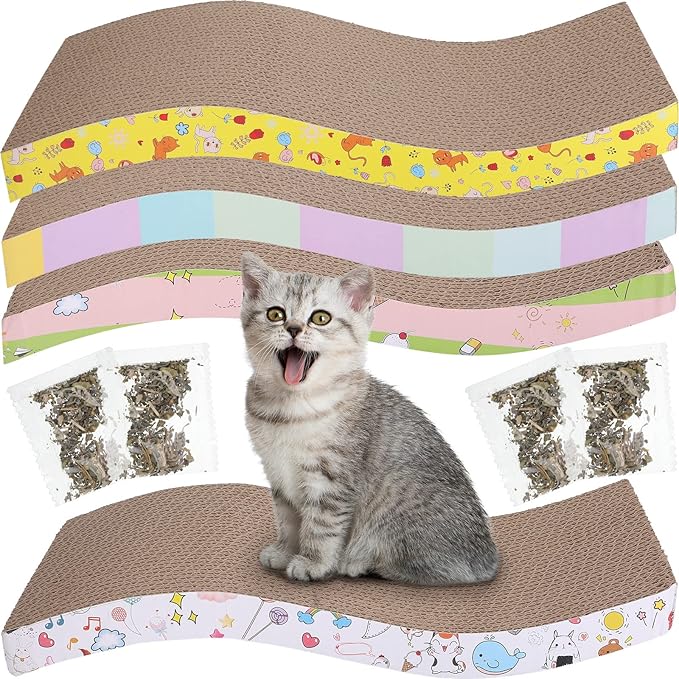 Qunclay 4 Pcs Cardboard Cat Scratcher, Reversible Cat Scratch Pad with Catnip, Textures Design S Shape Corrugated Boards for Furniture Protection