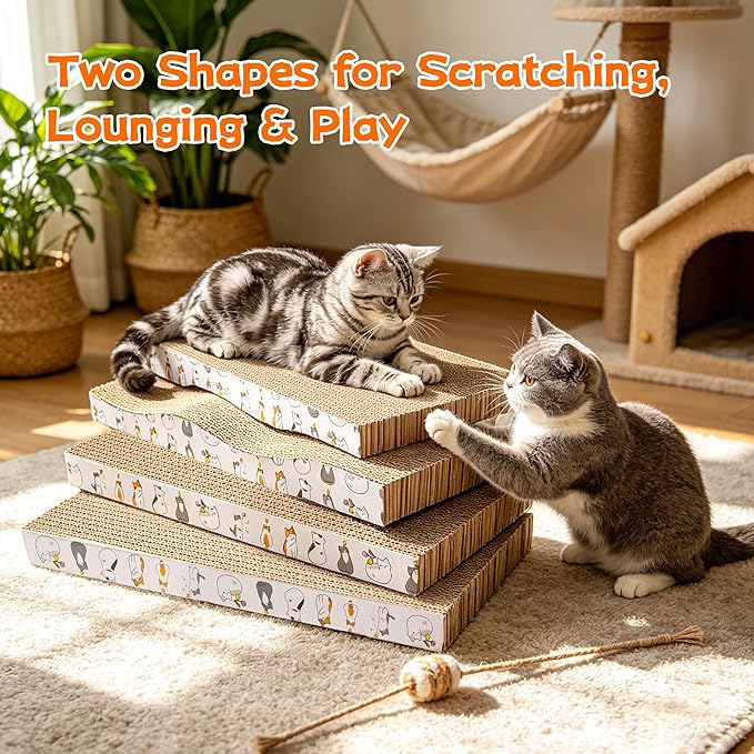 PatiencET Cat Scratcher Cardboard Pads for Indoor Cats, 4-Pack Mixed Flat and Wavy, Catnip Included