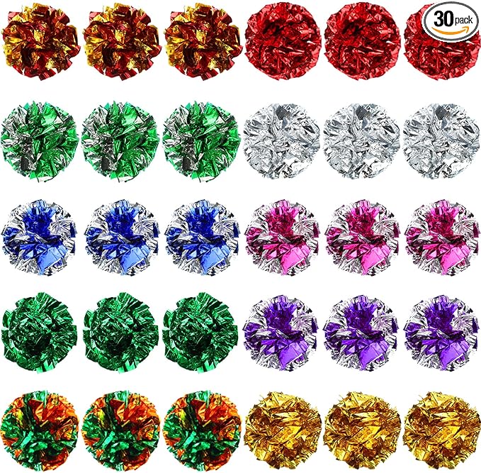 Silkfly 30 Pcs Polyester Film Crinkle Balls Cat Toys 2.36" Interactive Crinkle Ball, Colorful Balls Chew Toy for Cat Chase Ball Toys Attract Cats for Indoor Cats and Kittens to Keep Fit and Active