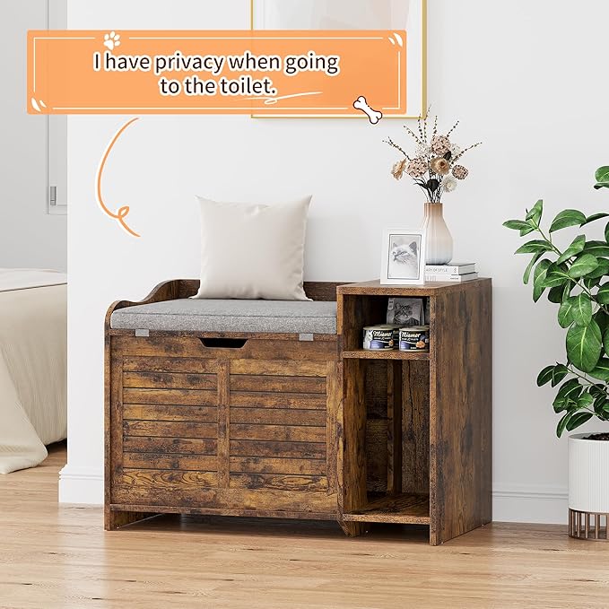 TROPOW Cat Litter Box Enclosure Furniture with Top Opening and Cushion, Hidden Litter Box Cabinet with Storage, Privacy Cat Box Enclosure, Brown