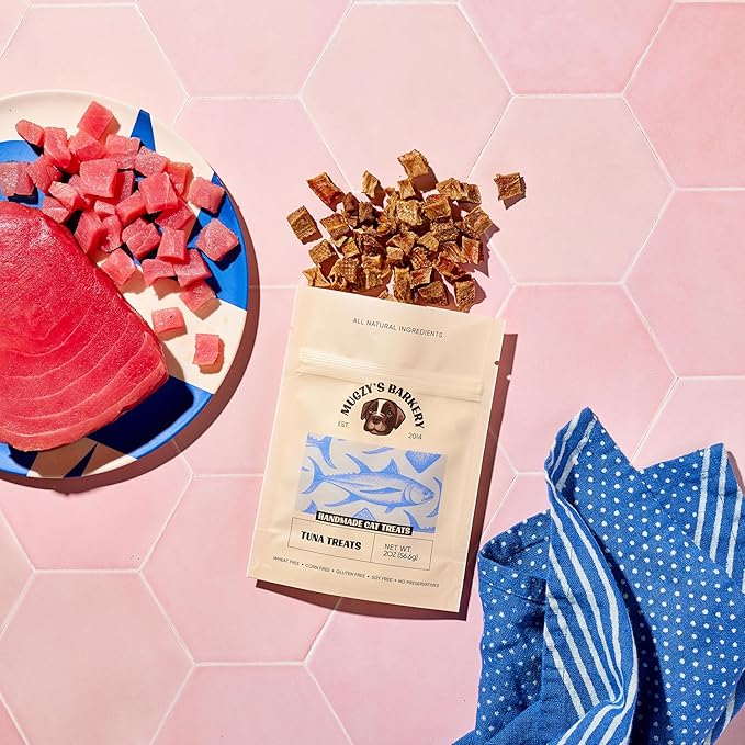 Mugzy's Barkery Ahi Tuna Cat Treat, Single Ingredient, Hand Cut, Small Batch Dehydrated, 81% Protein, Wheat Free, Corn Free, Gluten Free, Soy Free, No Additives, No Junk, 100% Ahi Tuna, 2oz