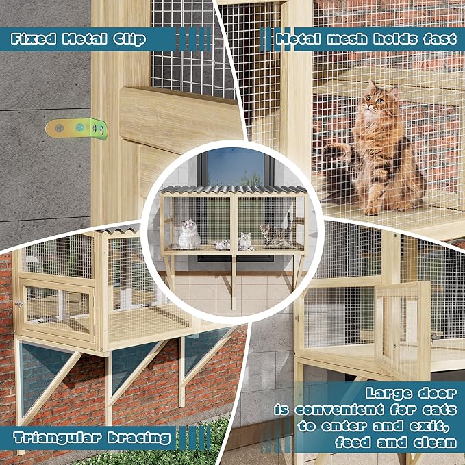 Cat Catio, Cat Window Box for Multiple Indoor Cats, Catio Pet Perch with Metal Mesh Locking Side Door, Wooden Enclosure Window All Weather Use 360° Enjoying Outdoors (Original Wood, Large)