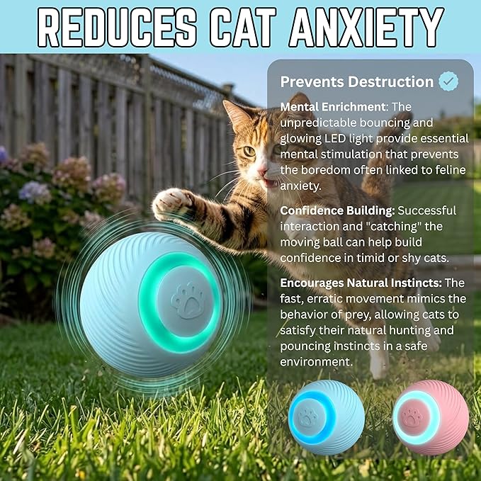 Interactive Cat Toy Ball, 3 Play Modes, Automatic Rolling with RGB Lights, E-TPU, Smart Moving Bouncing for Cats (Pink)