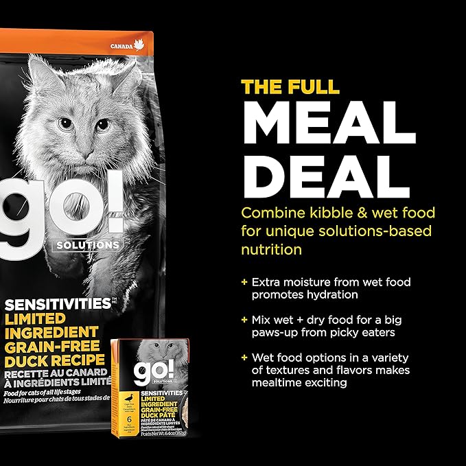 Go! Solutions Sensitivities Limited Ingredient Duck Grain-Free Dry Cat Food, Chicken-Free Kibble Made by Experts for Sensitive Stomachs & Food Allergies, for Kittens, Adults, & Seniors, 3 lb Bag