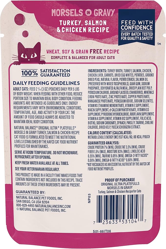 Natural Balance Original Ultra Platefulls Indoor Adult Grain Free Wet Cat Food, Turkey, Salmon & Chicken Recipe, 3 Ounce Pouch (Pack of 24)