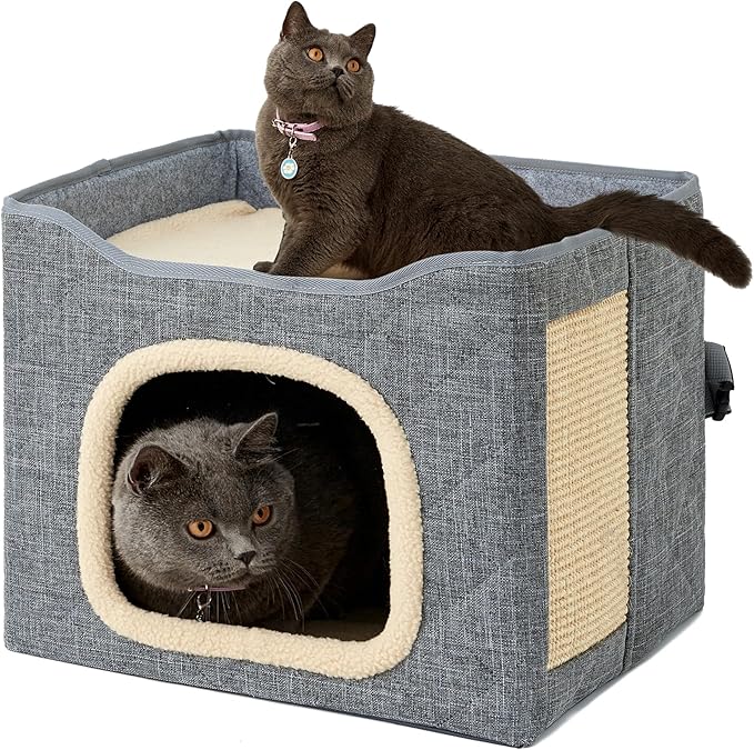Cat Houses for Indoor Cat, Large 2-Sided Reversible Cushion Cat Condo with Safety Strap, Foldable Cat Hideway with Sisal Scratch Pad, All Seasons Pet Bed for Multi Cats,Light Grey