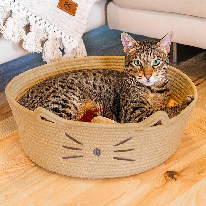 Catstages Bed & Basket Retreat 2-in-1 Cat Bed with Removable Cushion, Plush Cotton Rope, Tan, 15 in – Versatile Pet Bed and Toy Storage Basket