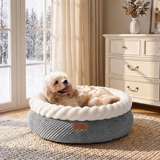 FUKUMARU Dog Bed, 25in Large Round Cat Beds, Plush Faux Fur&Corduroy Cat Beds, Cute Round Washable Pet Bed for Large Cats and Small Dogs, Cat Cave with Anti-Slip Bottom, 25inch, Grey