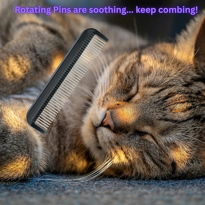 Cat Comb with Silky Smooth Rotating Teeth - Clears Mats Gently and Easily (5" Ultra Fine Teeth; 7" Dual Teeth) (Black, 5")