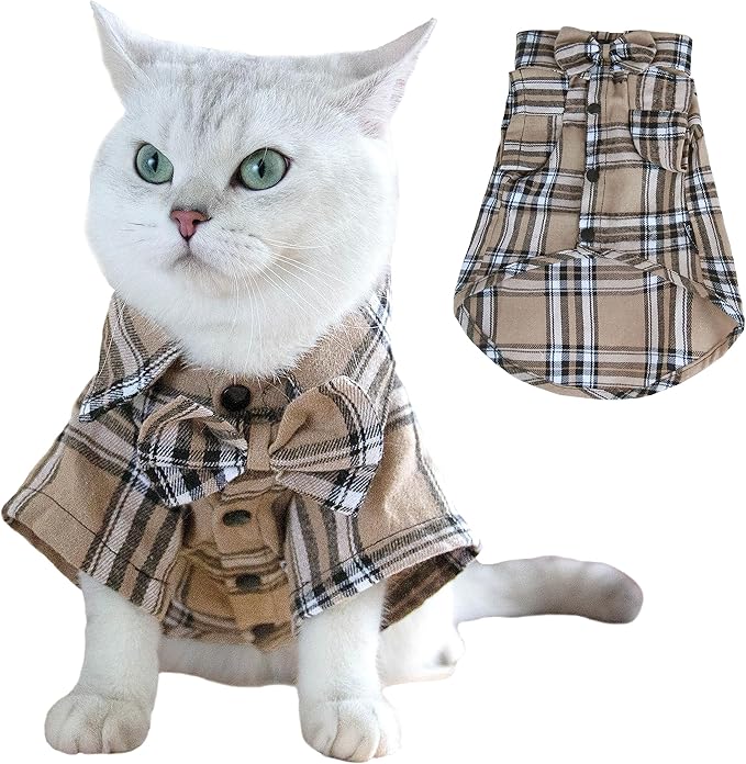 Pet Shirt Clothes for Dogs and Cats, Puppy Plaid Cotton Polo Shirts Adorable Casual Pet Apparel T Shirts (Khaki, Large)