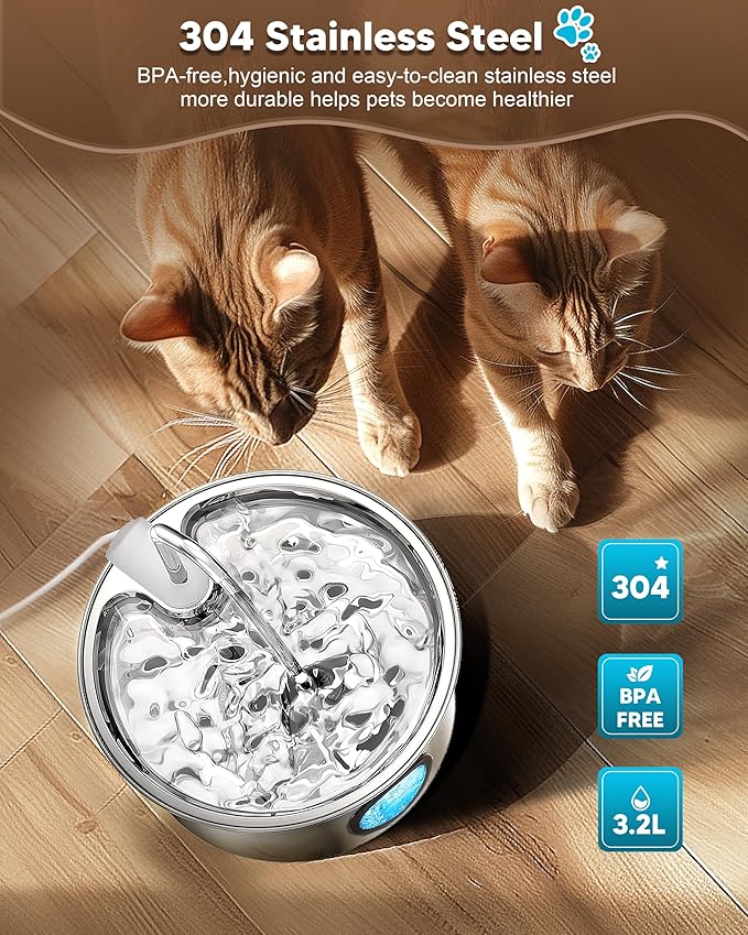 Stainless Steel Cat Water Fountain: Tomxcute 3.2L/108oz Cat Fountain for Drinking, Pet Water Fountain for Cats Inside with Multi-Filter-Water Level Window
