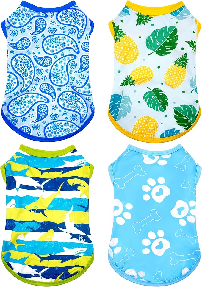 PET SHOW 4 Pack Summer Dog Shirts for Small Dogs Boy UPF 50+ UV Sun Protection Cooling Clothes Tank Top Shark Puppy T-Shirts Pet Holiday Party Sleeveless Vest Blue(Medium)