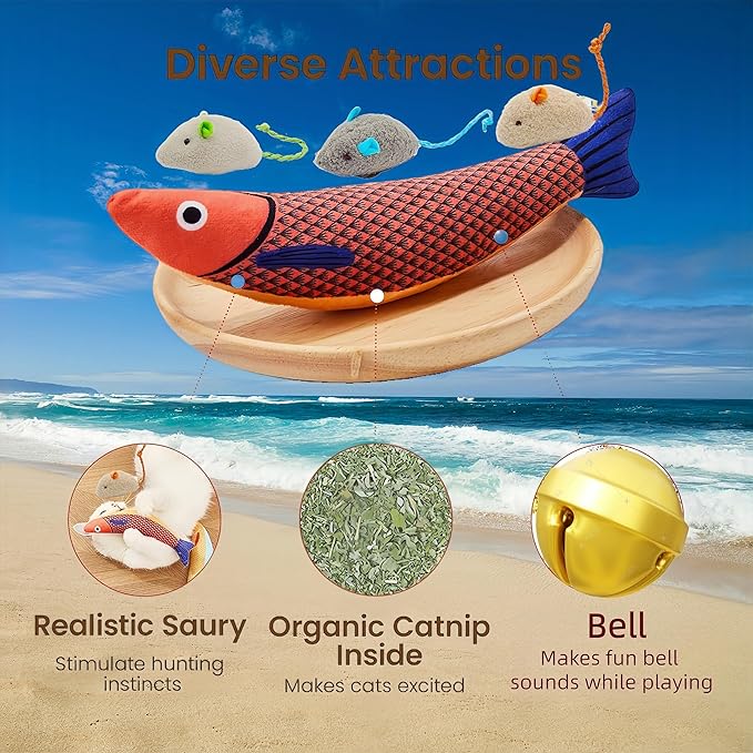 Catnip Fish Toy with Bell | 5000mg Premium A+ Catnip | Interactive Kicker Ball for Indoor Cats & Kittens | Includes Catnip Mice | Fun Kitty Toys