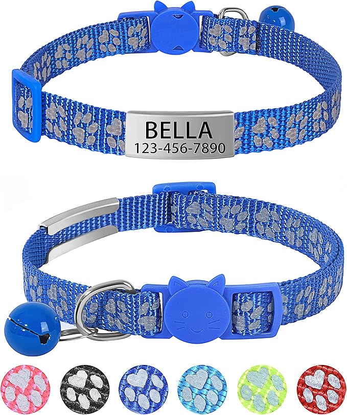LaReine Reflective Cat Collars Breakaway with Bell and ID Tag - with Personalization Options (7.5"-12.5" Neck, Customized - NavyBlue)