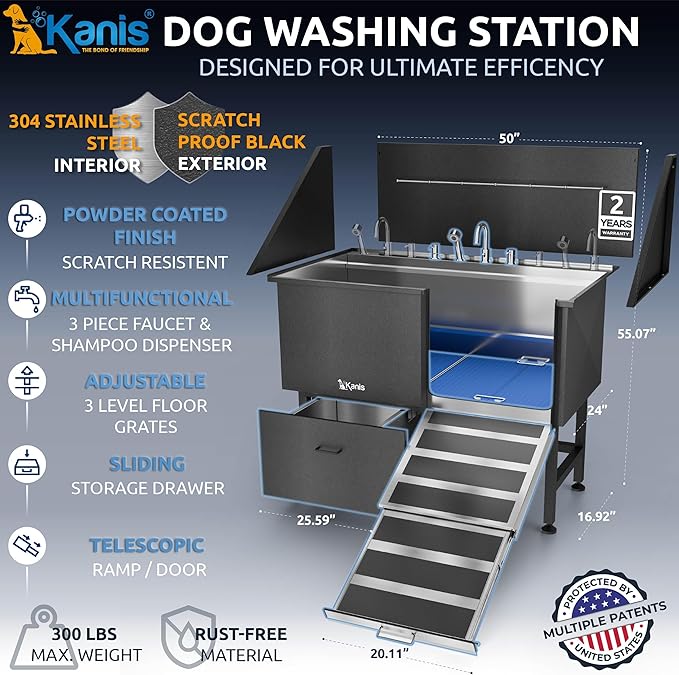 KANIS Professional Dog Washing Station 304 Stainless Steel Pet Wash Sink & Grooming Bathtub w/Shower, Floor Grates and Storage for Large, Medium & Small Pets (Black, 50 Inches, Right Ramp, 1 Drawer)