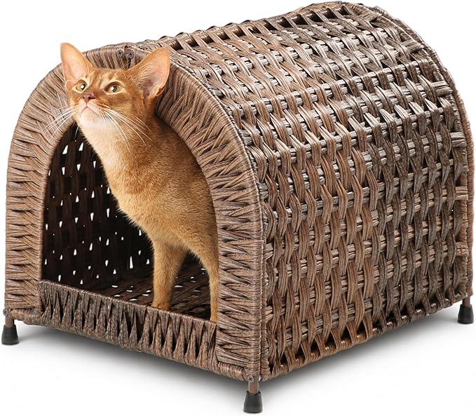 Handwoven Rattan Dome Cat House for Cats Under 20 lb, Indoor Cat Hideaway, 14.2" H × 14.2" W × 16.5" D, Breathable Wicker Cat Bed House, Cozy Rustic Cat Furniture (Brown)