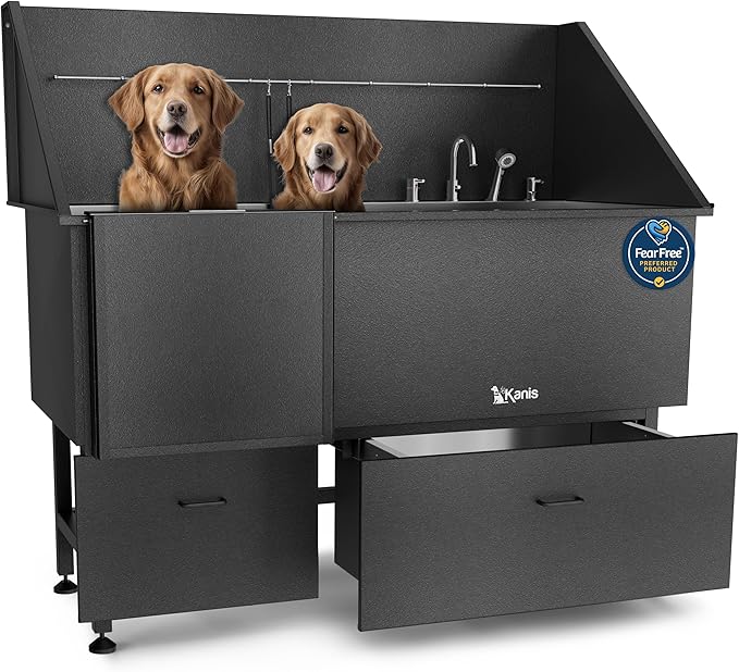 KANIS Professional Dog Washing Station 304 Stainless Steel Pet Wash Sink & Grooming Bathtub w/Shower, Floor Grates and Storage for Large, Medium & Small Pets (Black, 61 Inches, Left Ramp, 2 Drawers)