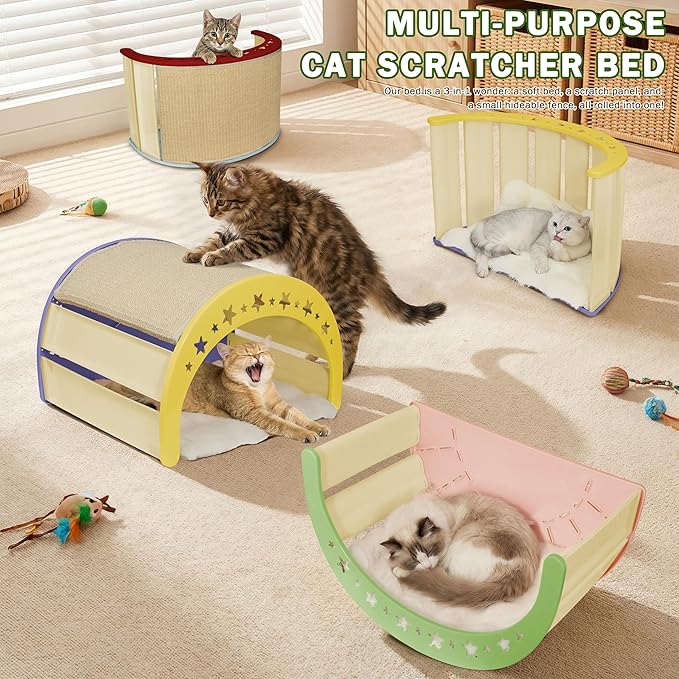 Cat Scratcher Bed – Sisal Scratch Pad & Soft Fleece Mat, Sturdy Elevated Lounge for Lounging, Climbing & Hiding, Supports up to 30 lbs, Pink