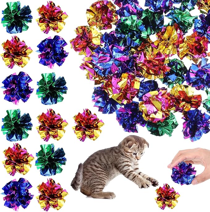 SHENLIU 2.36" Crinkle Balls for Cats, 100 Pcs Colorful Cat Toys Crinkle Ball Interactive Foil Cat Toy Balls for Indoor Kittens to Keep Fit Active