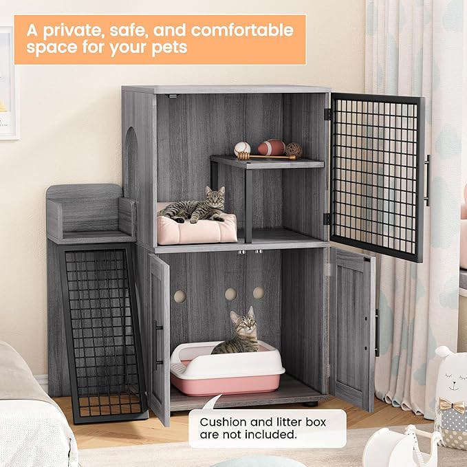 IDEALHOUSE Modern Cat Litter Box Enclosure with Platform, Double Layer Hidden Litter Box, Indoor Washroom, Villa Cat House with Ladder, 33.5" l x 17.9" w x 41.9" h,Dark Grey