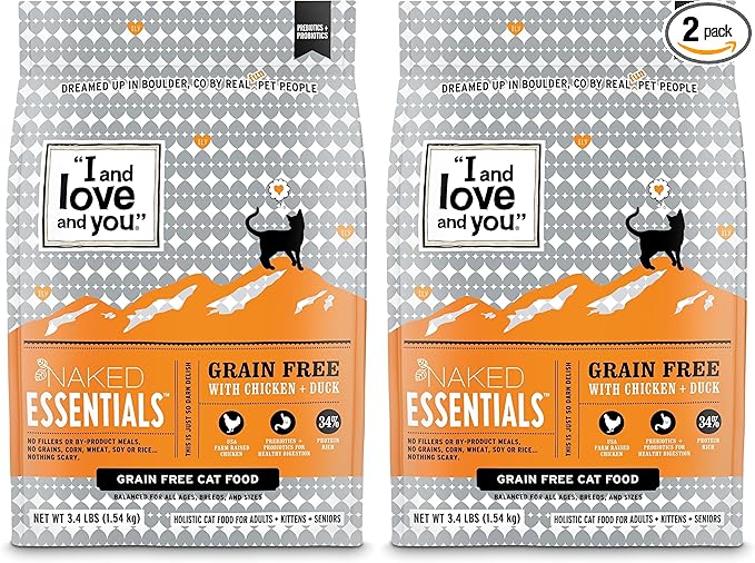 I AND LOVE AND YOU Naked Essentials Dry Cat Food - Chicken + Duck - Grain Free, Real Meat, No Fillers, Prebiotics + Probiotics, 3.4lb Bag (Pack of 2)