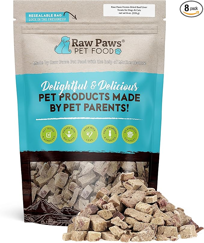 Raw Paws Freeze Dried Beef Liver Dog & Cat Treats (8-Ounce) - Made in USA - Small Liver Bites - Training & Diabetic Dog Treats