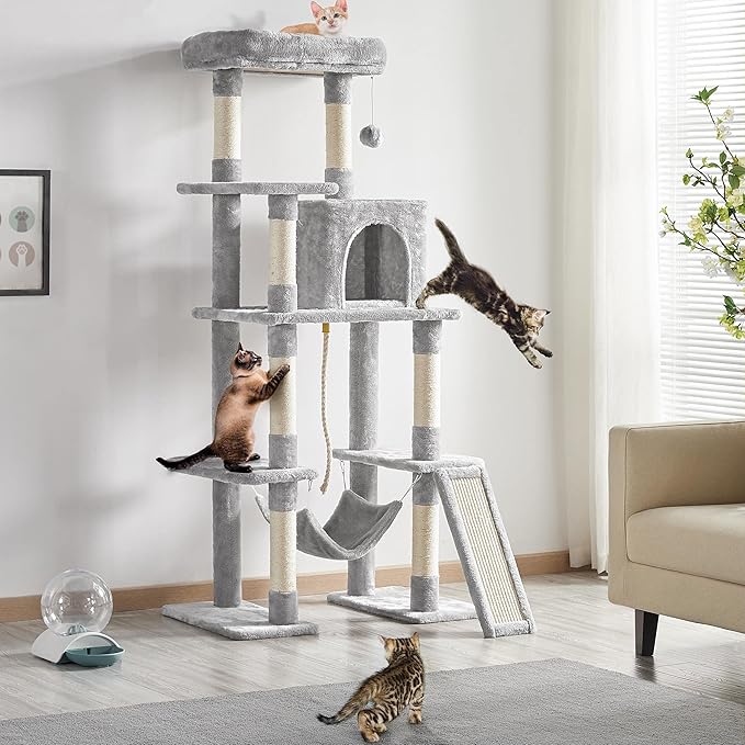Topeakmart 63in Cat Tree, Large Cat Tower Furniture with Cat Condo, Padded Platform & Sisal-Covered Scratching Post, Stable Cat Tower Pet Play House