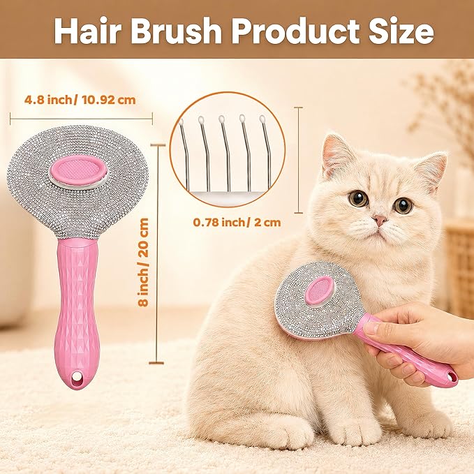 Diamond Rhinestone Cat Hair Brush Deshedding Brush Dog Hair Remover Tool Stainless Steel Comb Slicker Brush with Release Button for Dog Cat Rabbit Shedding Pets Grooming (Pink)