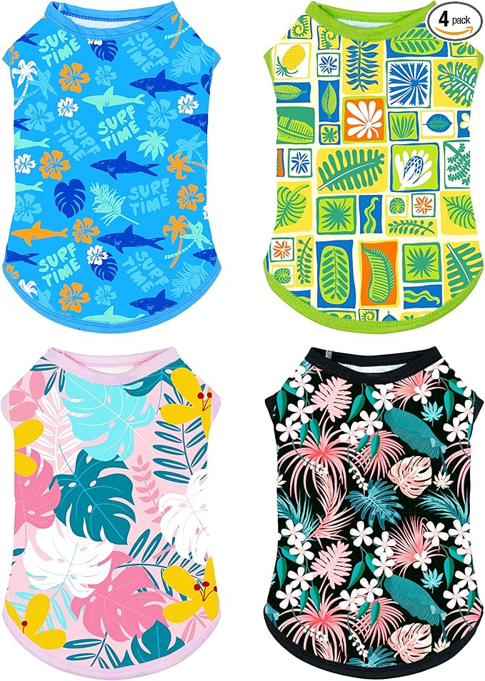 PET SHOW 4 Pack Dog Hawaiian Shirts for Small Doggies UPF 50+ UV Sun Protection Summer Cool Clothes Tank Top Floral Puppy Kitten Cats T-Shirts Pet Holiday Party Sleeveless Vest Boy Girl(Small)