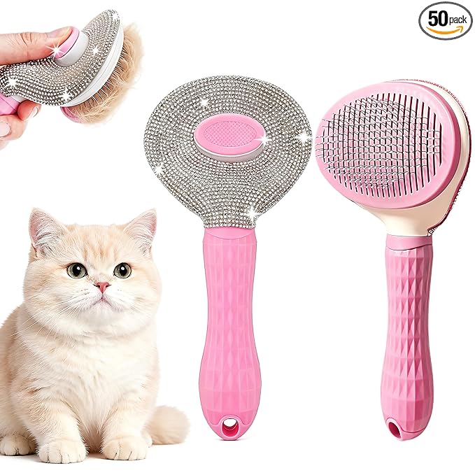 Diamond Rhinestone Cat Hair Brush Deshedding Brush Dog Hair Remover Tool Stainless Steel Comb Slicker Brush with Release Button for Dog Cat Rabbit Shedding Pets Grooming (Pink)