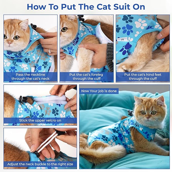 Cat Recovery Suit – Soft, Breathable Onesie for Female & Male Pets After Surgery, Spay, Neuter or Wounds, Surgery Outfit, Cone Alternative, Litter Access, Machine Washable, Blue Paw Print