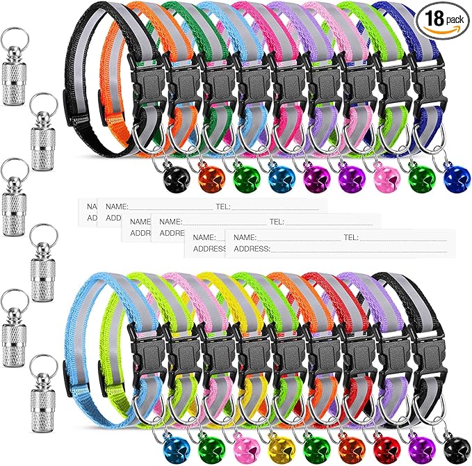 18 Piece Reflective Cat Collars with Bell Adjustable Durable Nylon Cat Collars with Safety Buckles and 6 Piece Weatherproof Metal ID Tags Pendant Anti-Lost ID Tags for Puppy Kittens