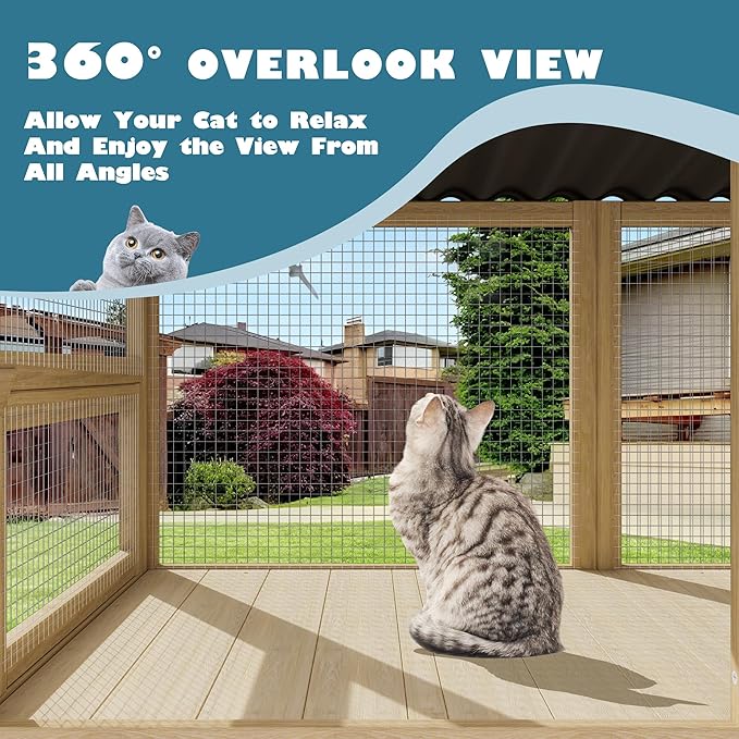 Cat Catio, Cat Window Box for Multiple Indoor Cats, Catio Pet Perch with Metal Mesh Locking Side Door, Wooden Enclosure Window All Weather Use 360° Enjoying Outdoors (Original Wood, Large)