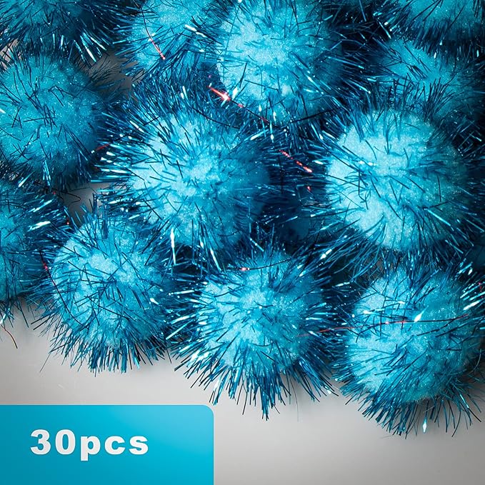 VAPKER 30 Piece 1.5" Blue Color Sparkle Balls Cat's Favorite Toy Tinsel Pom Poms Glitter