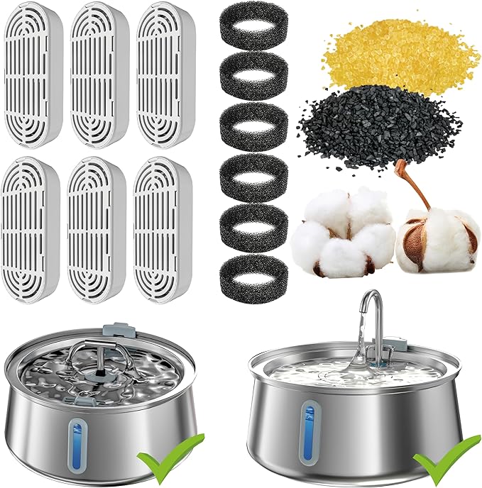 Homtyler 6 Pack Replacement Filters and 6 Pack Replacement Pre-Filter Sponges for 4L/135oz Stainless Steel Pet Water Fountain, Multiple Filtration, Easy to Clean and Replace