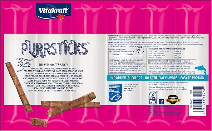 Vitakraft PurrSticks Chicken Recipe with Salmon Cat Treats – Over 70% Real Meat - Chicken, Liver & Salmon - Segmented for Portion Control, Premium - Indoor Treats - Snacking, Travel, Vet & Visits.