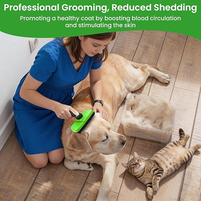 Pet Self Cleaning Slicker Brush and Pet Hair Removal Glove. A dog brush also a cat brush for Shedding,De-shedding, Massaging for Long and Short Haired Dogs, Cats.The Cleaning Glove has Improved Design