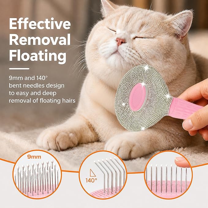 Diamond Rhinestone Cat Hair Brush Deshedding Brush Dog Hair Remover Tool Stainless Steel Comb Slicker Brush with Release Button for Dog Cat Rabbit Shedding Pets Grooming (Pink)