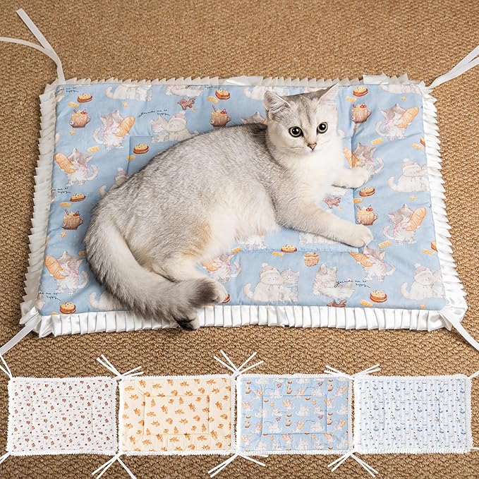 Reversible Silent Cat Bed Self Warming Pet Pad Thin Style Mat Washable Cushion Pad, Pad for Window Perch Outdoor Cat Houses, for Cats, Small Dogs, Rabbits, Non Electric,(Blue Kitten,S)