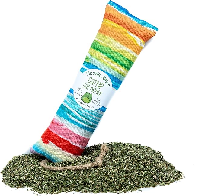 Meowy Janes Tough Canvas Cat Kicker Toy, Stuffed with 100% Catnip (1/4 LB), Original, Super Potent Canadian Catnip! | All Natural Large Size 10" Kitty Kicker (Watercolor Rainbow Striped)